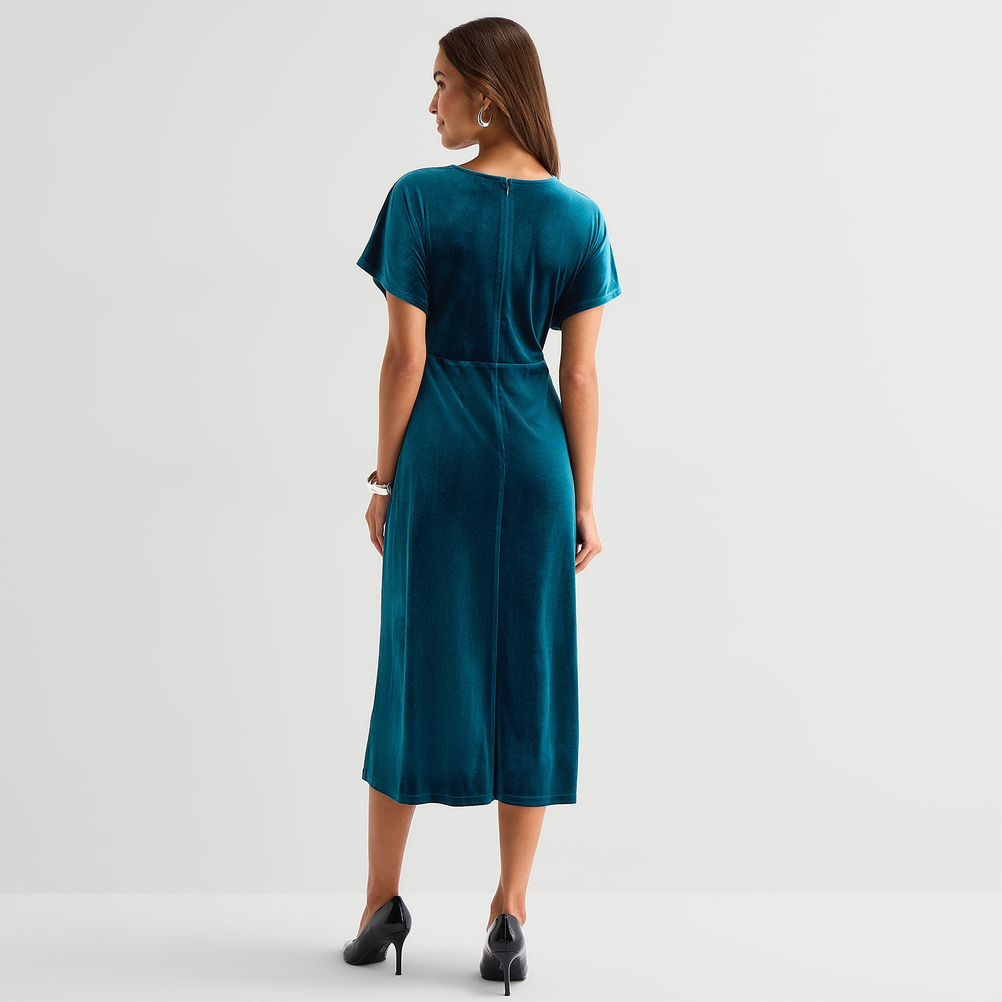 Be by CHETTA B Womens Petite Midi V Neck Short Sleeve Drop Shoulder Velvet Fit + Flare Dress