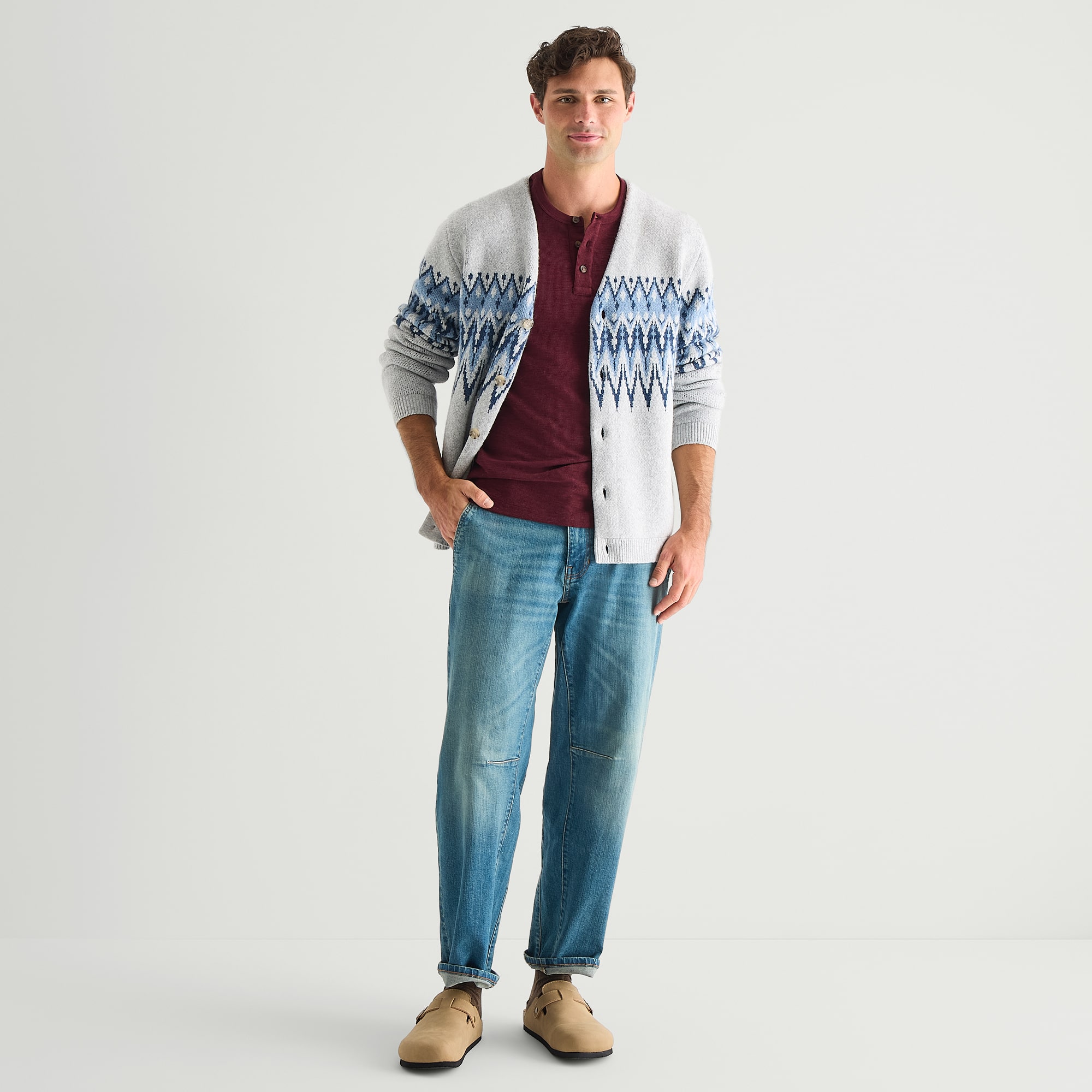 mutual weave Mens V Neck Long Sleeve Button Open Front Geometric Cardigan