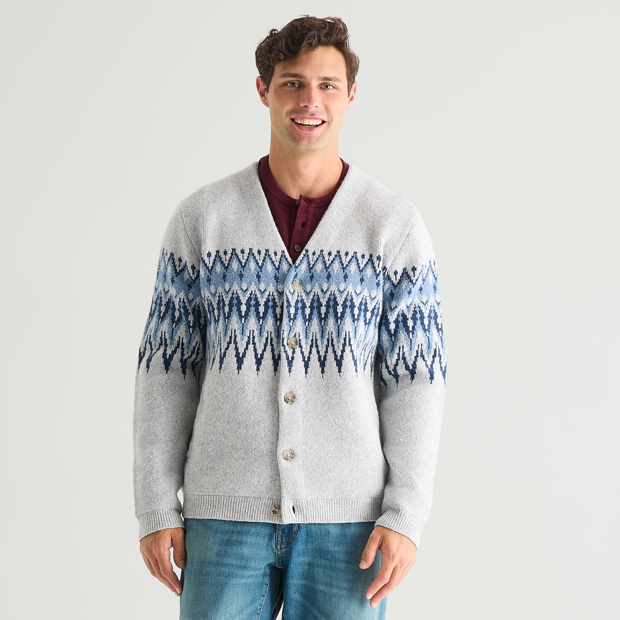 mutual weave Mens V Neck Long Sleeve Button Open Front Geometric Cardigan