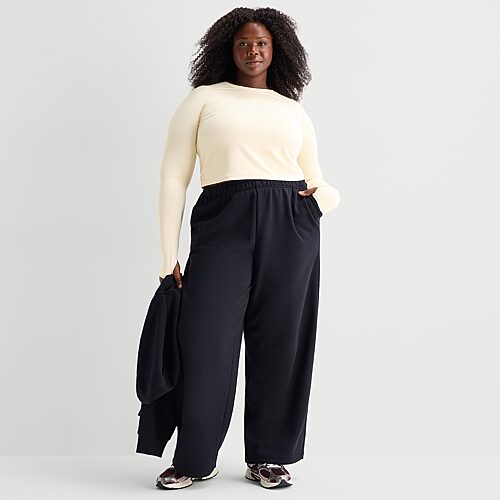 Xersion Womens Drawstring Waist Wide Leg Mid Rise Regular Fit Plus Fleece Sweatpant In Black
