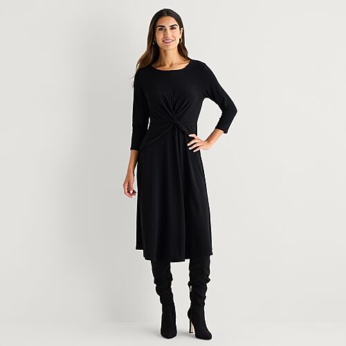 Perceptions Womens Round Neck 3/4 Sleeve Fit + Flare Dress In Black