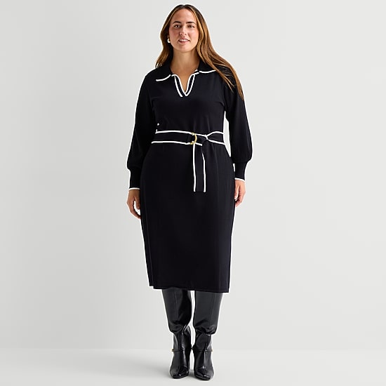 Maia Womens Plus Long Sleeve Midi Sweater Dress