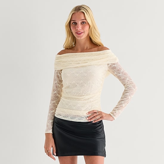 Arizona Womens Juniors Straight Neck Long Sleeve Shell