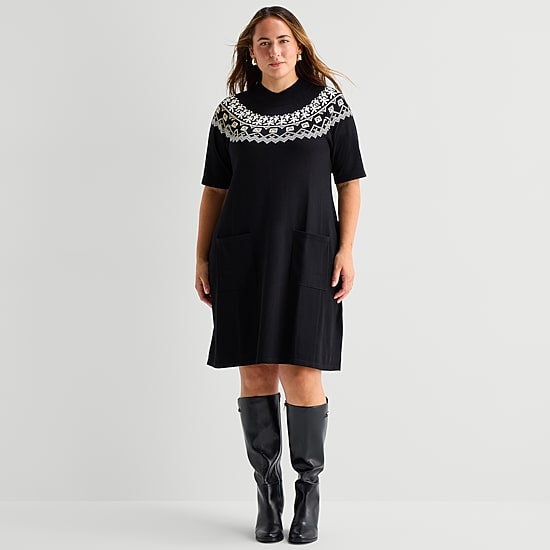 Maia Womens Plus 3/4 Sleeve Argyle Sweater Dress