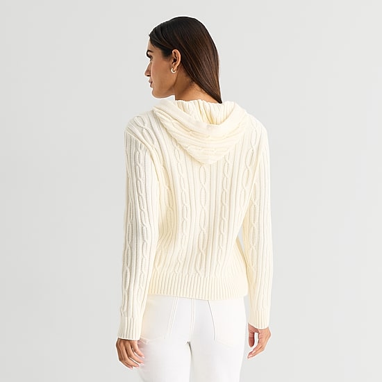 St. John's Bay Womens Hooded Long Sleeve Cable Knit Pullover Sweater