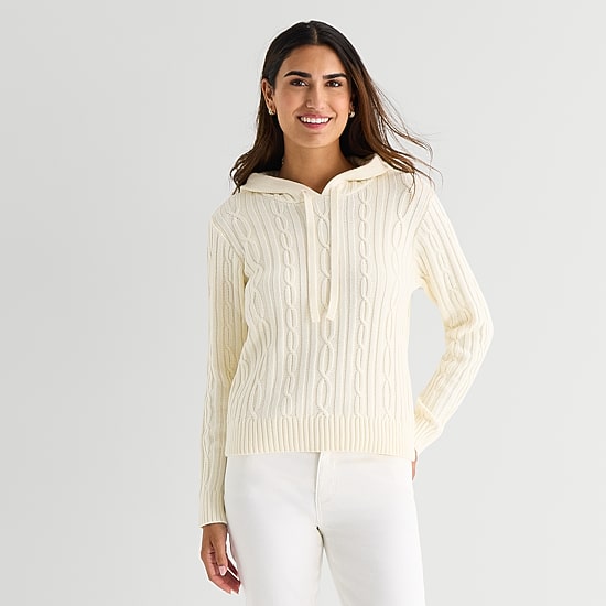 St. John's Bay Womens Hooded Long Sleeve Cable Knit Pullover Sweater