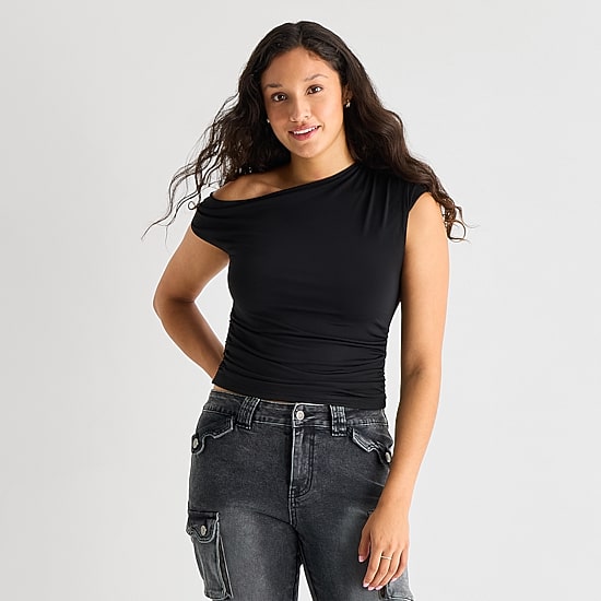 Forever 21 Womens Juniors Asymmetrical Neck Short Sleeve Blouse