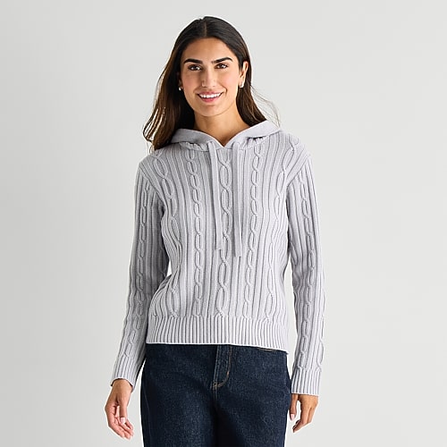 St. John's Bay Womens Hooded Long Sleeve Cable Knit Pullover Sweater In Gray