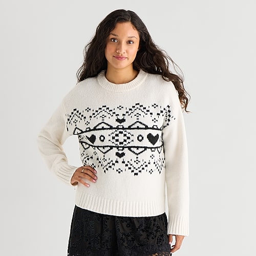 Arizona Juniors Womens Crew Neck Long Sleeve Striped Pullover Sweater In White