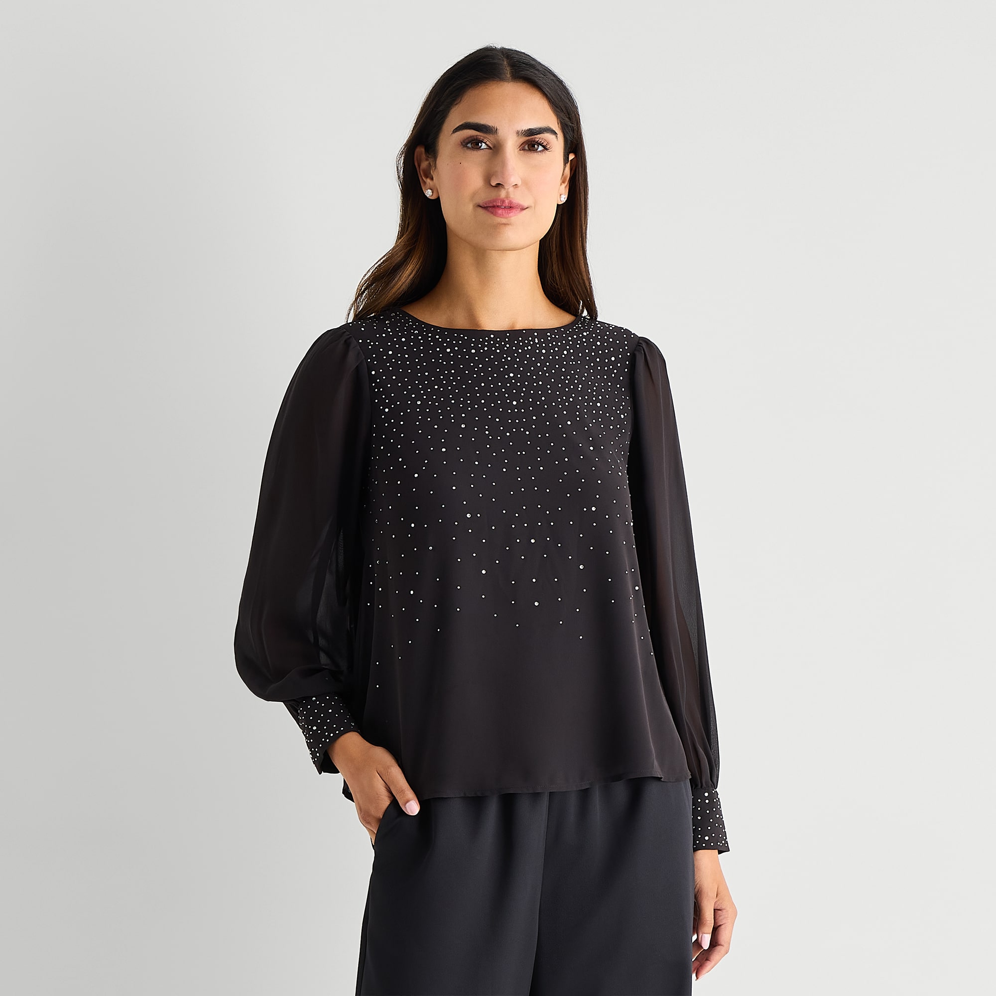 MSK Womens Boat Neck Long Sleeve Embellished Blouse