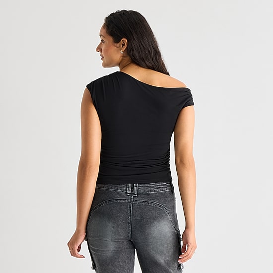 Forever 21 Womens Juniors Asymmetrical Neck Short Sleeve Blouse