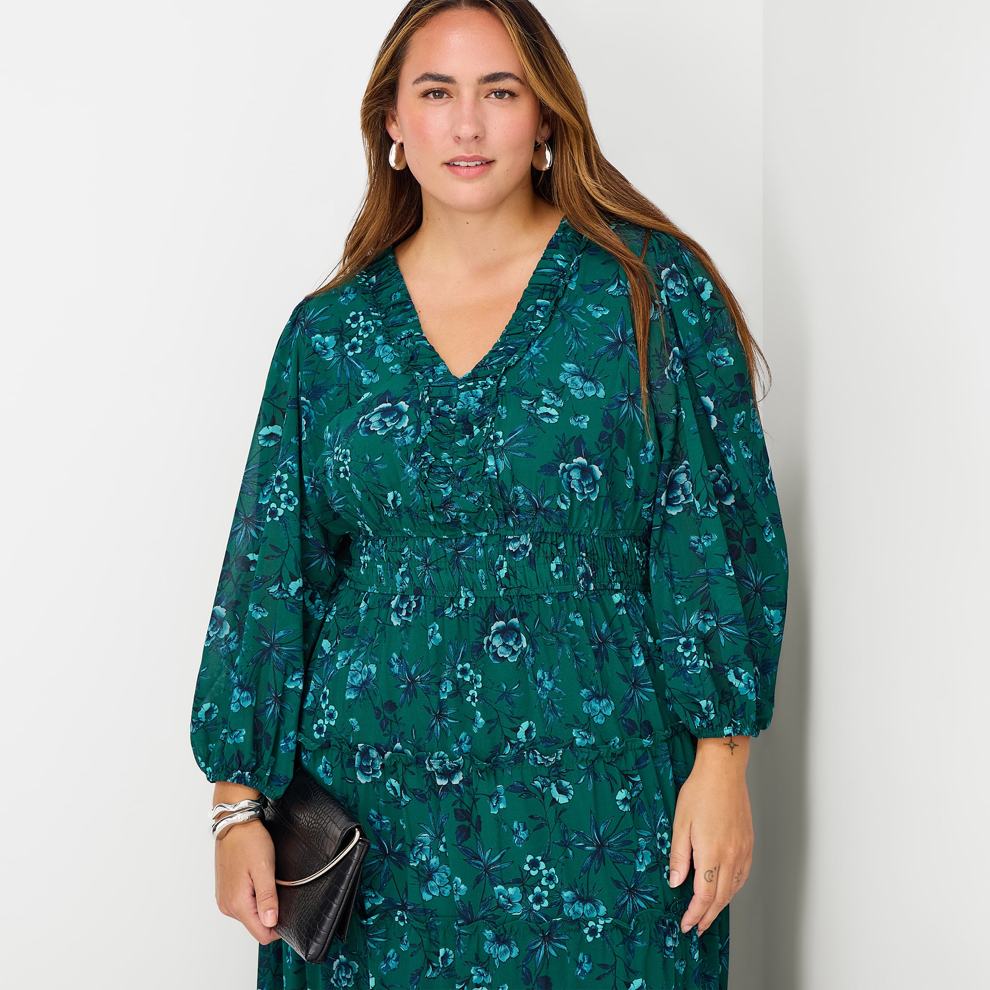 Melonie T Womens Plus V Neck 3/4 Sleeve Bishop Chiffon Maxi Dress