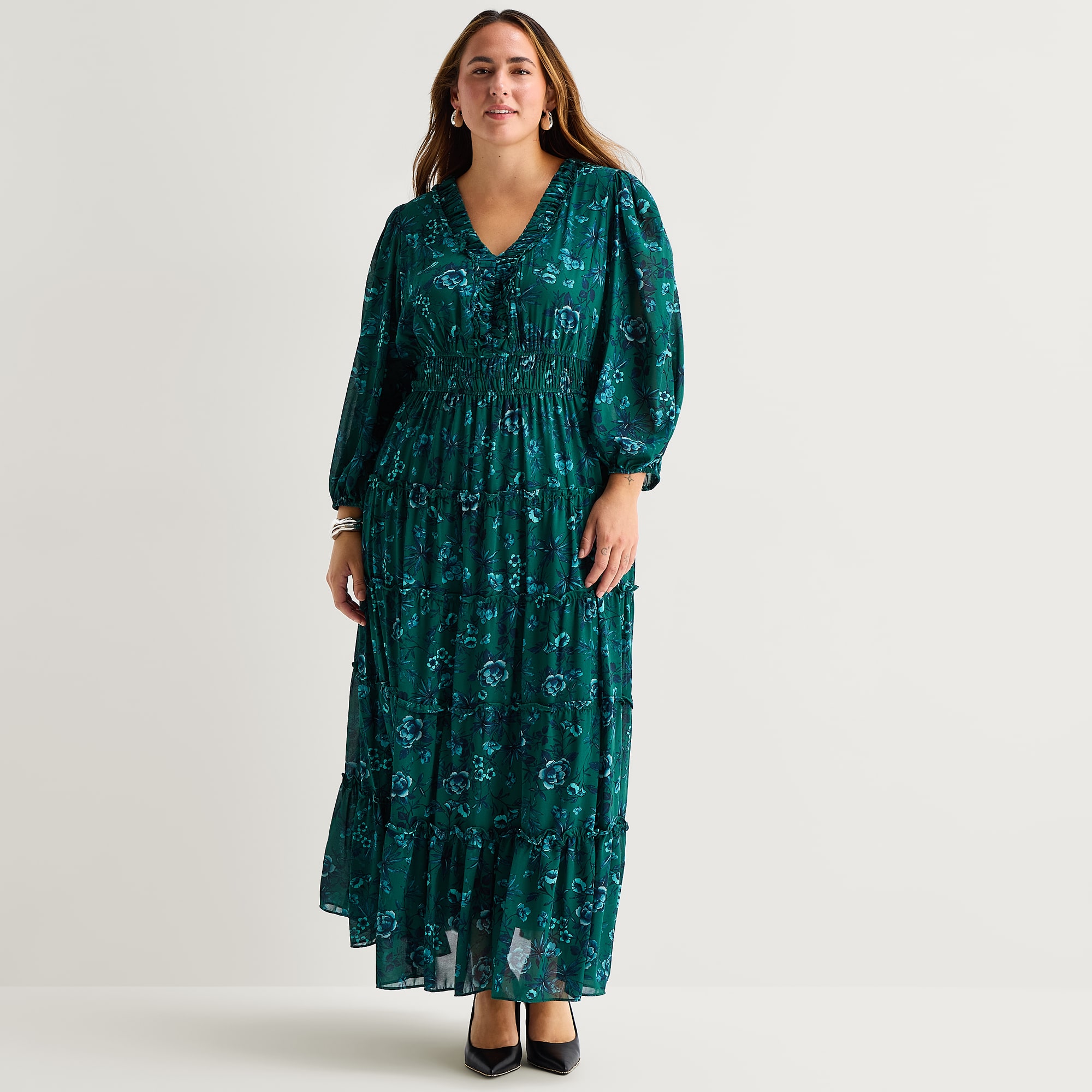 Melonie T Womens Plus V Neck 3/4 Sleeve Bishop Chiffon Maxi Dress