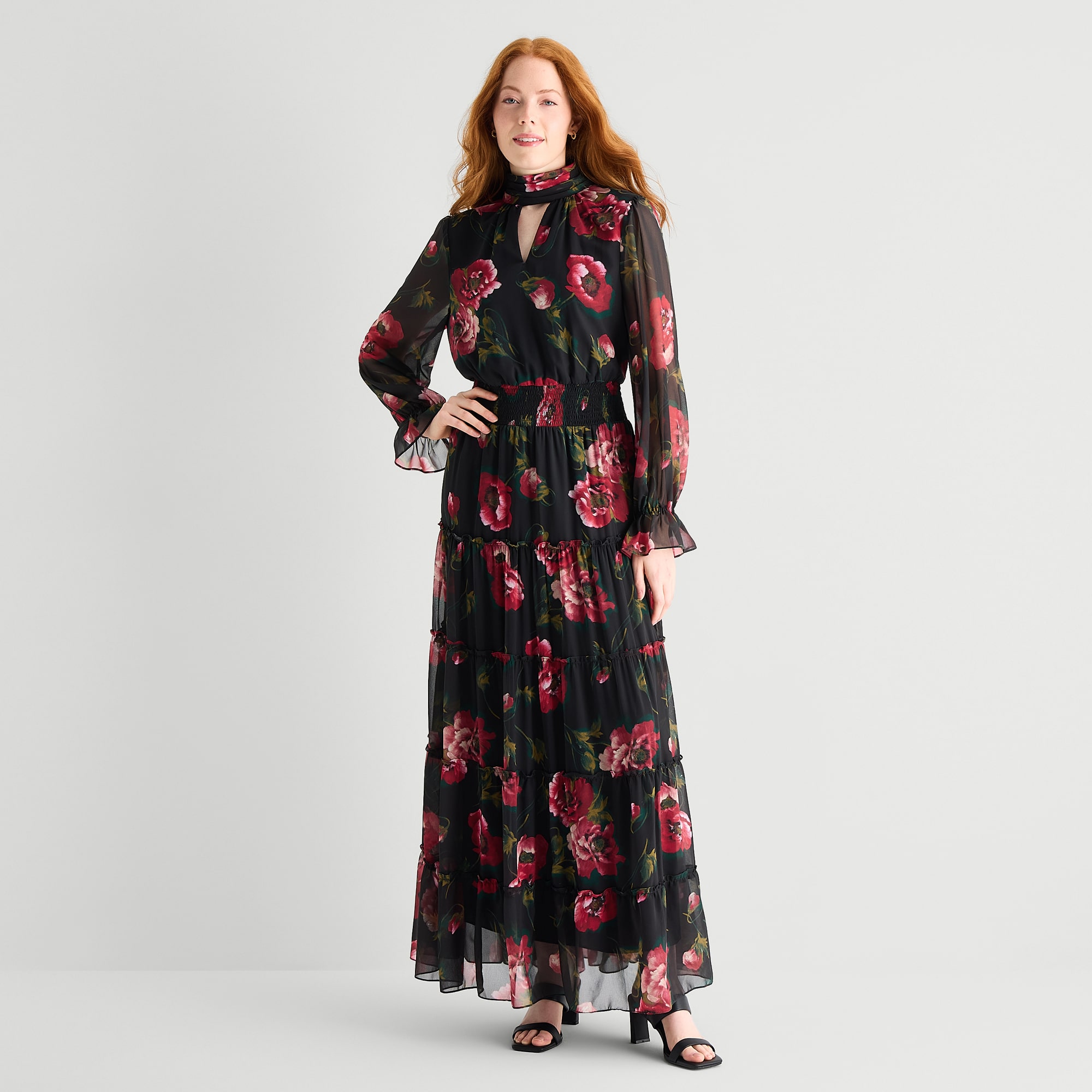MSK Womens High Neck Long Sleeve Balloon Chiffon Maxi Dress