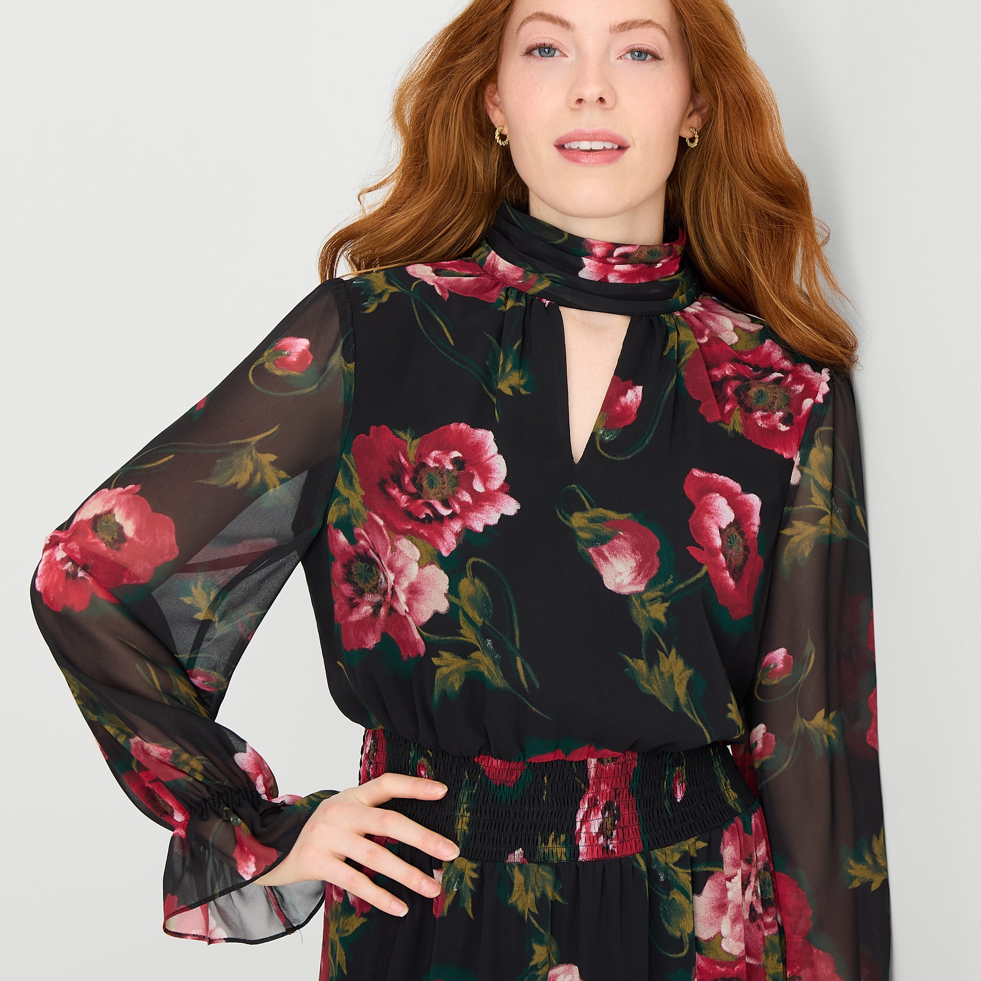MSK Womens High Neck Long Sleeve Balloon Chiffon Maxi Dress