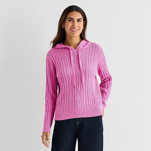St. John's Bay Womens Hooded Long Sleeve Cable Knit Pullover Sweater In Pink