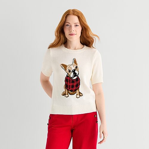 St. John's Bay Womens Crew Neck Short Sleeve Pullover Sweater In White