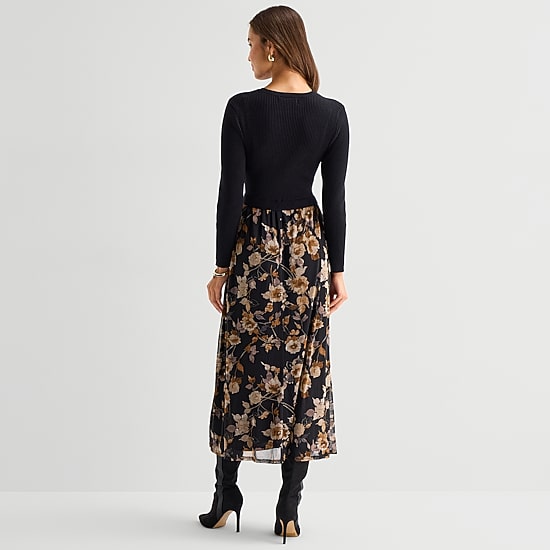 Be by CHETTA B Womens Petite Midi Round Neck Long Sleeve Fitted Floral Fit + Flare Dress