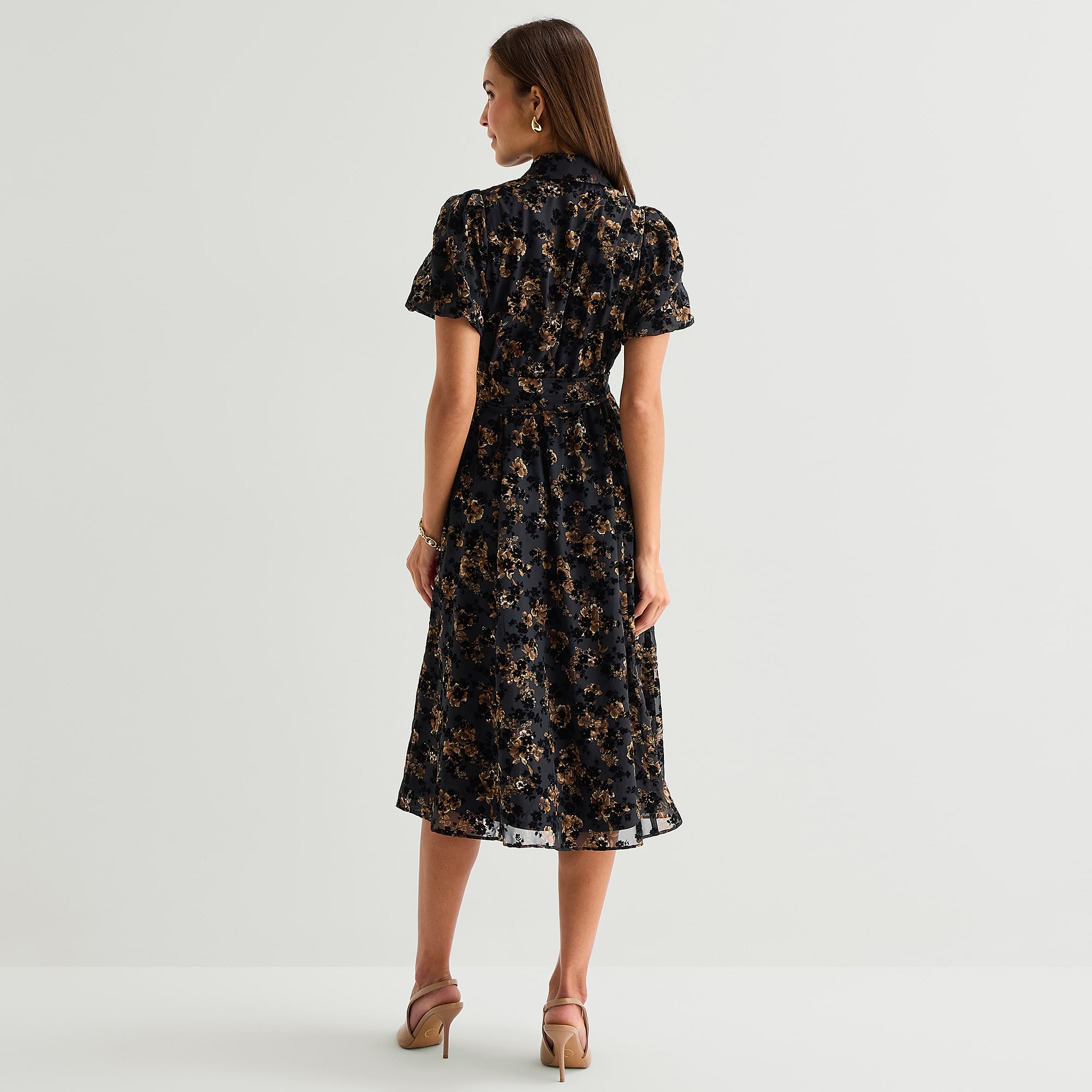 Studio 1 Womens Petite Midi V Neck Short Sleeve Puffed Floral Fit + Flare Dress