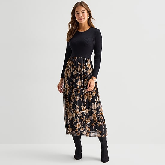 Be by CHETTA B Womens Petite Midi Round Neck Long Sleeve Fitted Floral Fit + Flare Dress