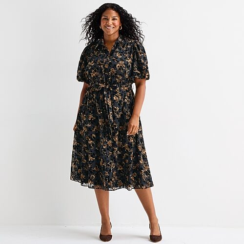 Studio 1 Womens Plus Midi Short Sleeve Puffed Floral Fit + Flare Dress In Black