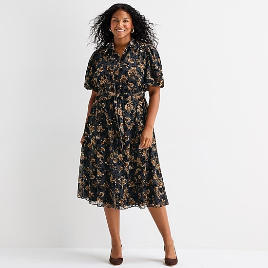 Studio 1 Womens Plus Midi Short Sleeve Puffed Floral Fit + Flare Dress