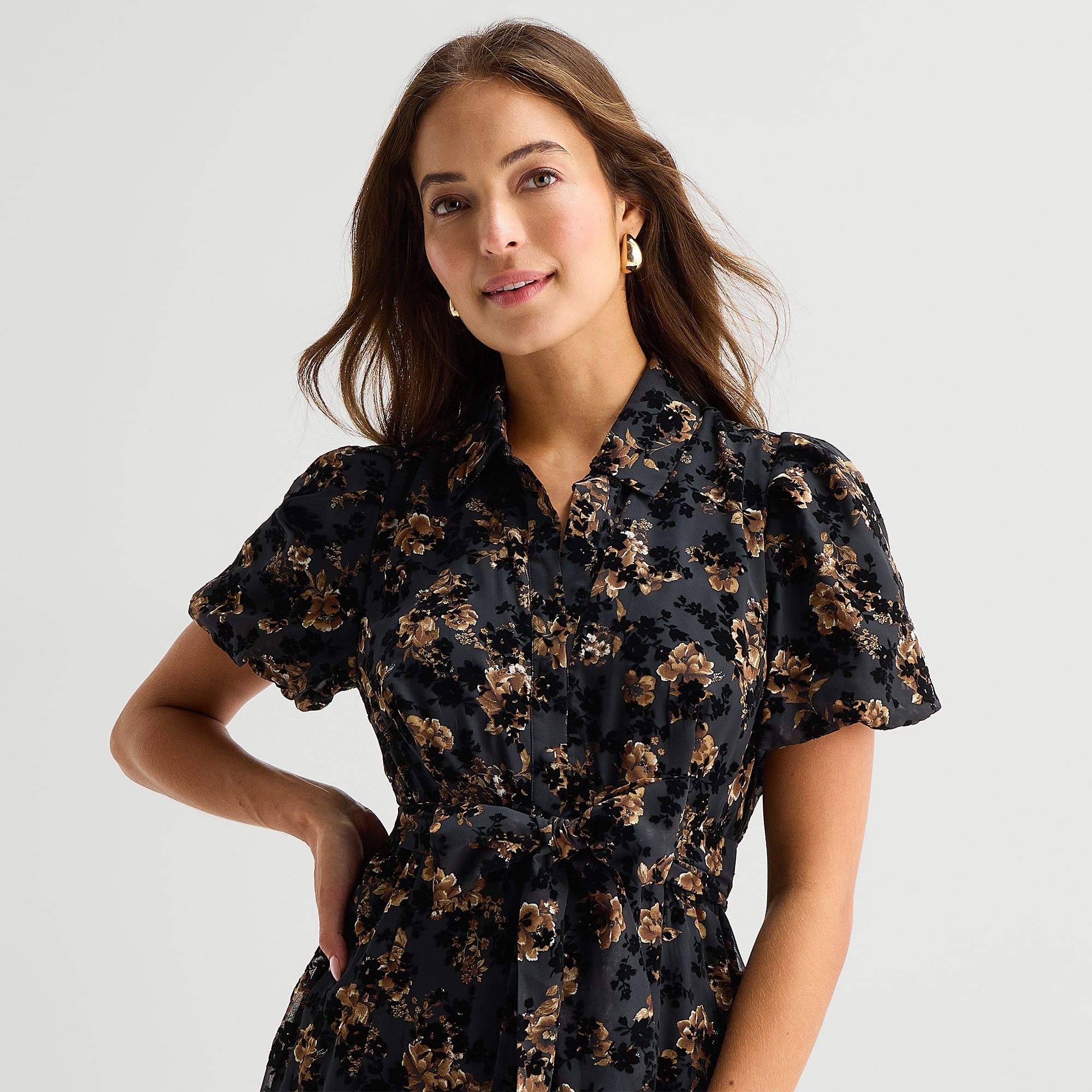 Studio 1 Womens Petite Midi V Neck Short Sleeve Puffed Floral Fit + Flare Dress