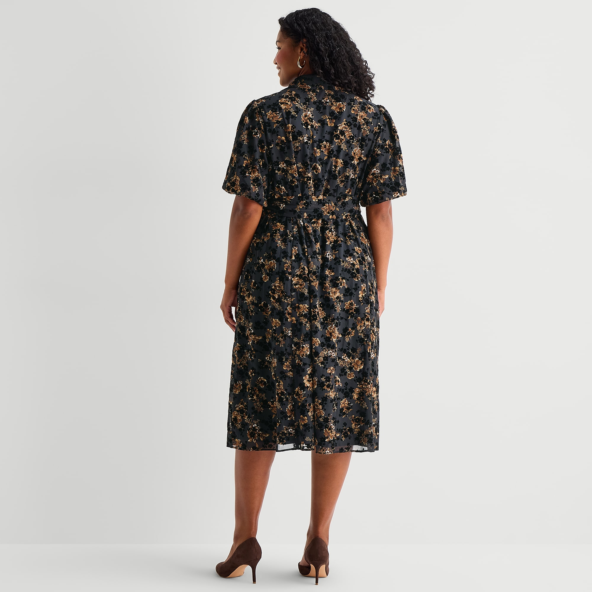 Studio 1 Womens Plus Midi Short Sleeve Puffed Floral Fit + Flare Dress