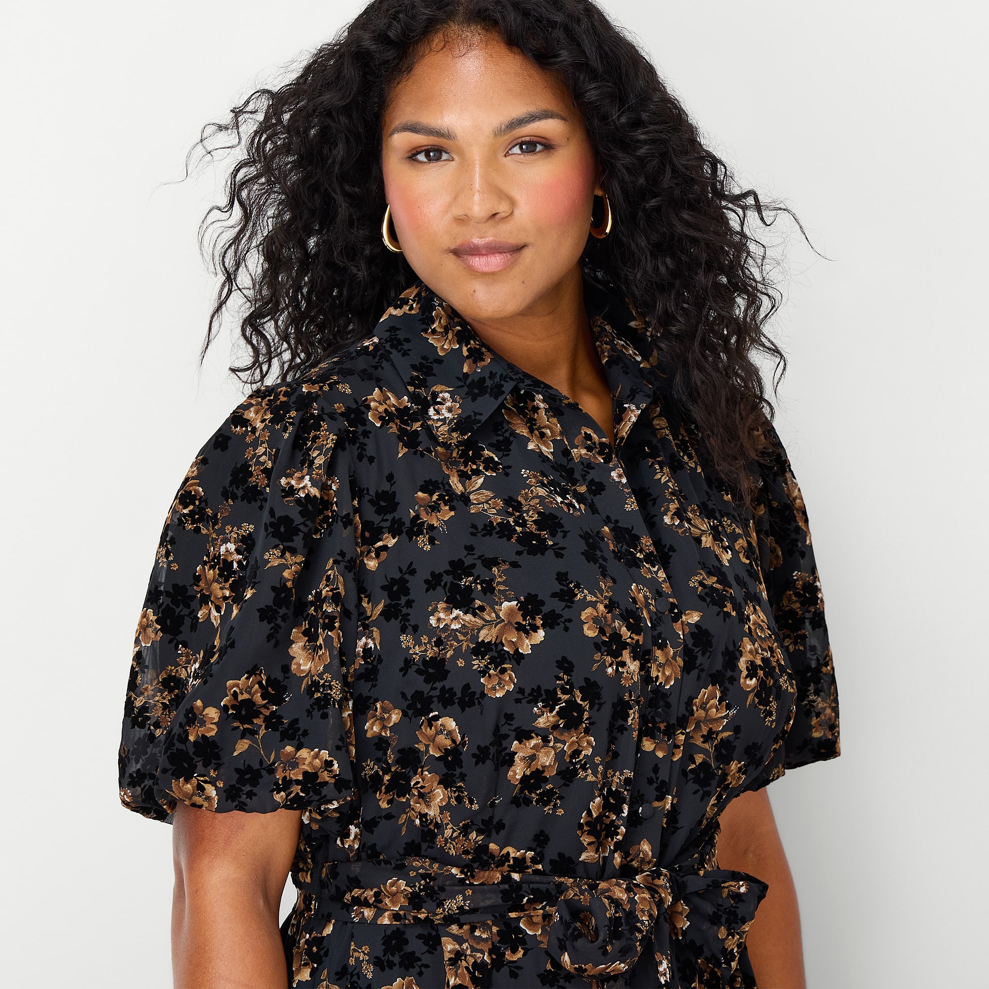 Studio 1 Womens Plus Midi Short Sleeve Puffed Floral Fit + Flare Dress