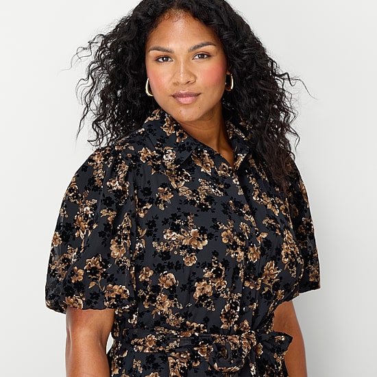 Studio 1 Womens Plus Midi Short Sleeve Puffed Floral Fit + Flare Dress