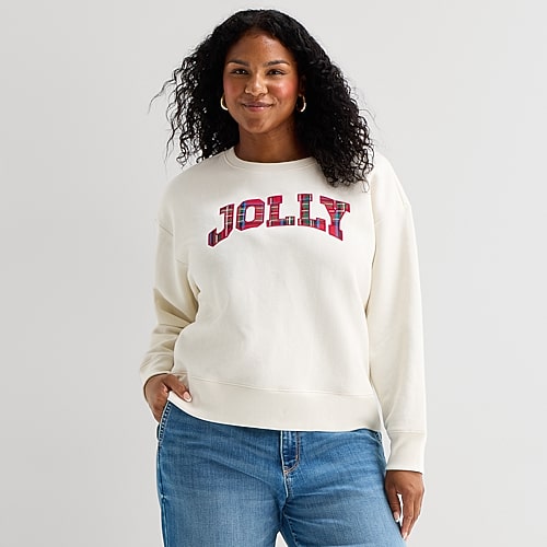 St. John's Bay Womens Plus Crew Neck Long Sleeve Sweatshirt In White
