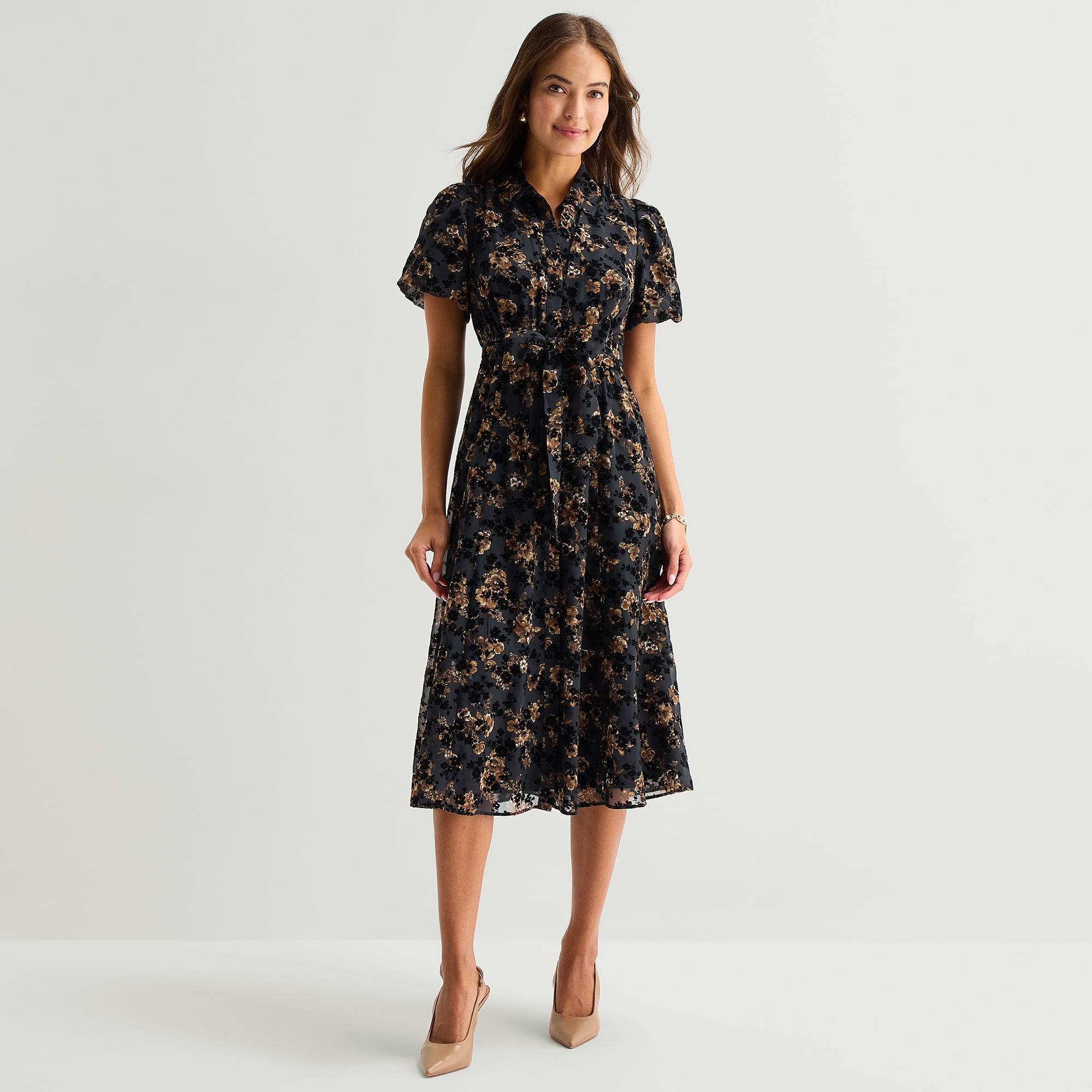 Studio 1 Womens Petite Midi V Neck Short Sleeve Puffed Floral Fit + Flare Dress