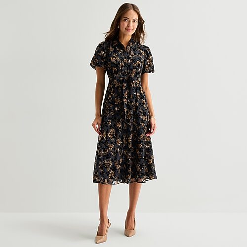 Studio 1 Womens Petite Midi V Neck Short Sleeve Puffed Floral Fit + Flare Dress In Black