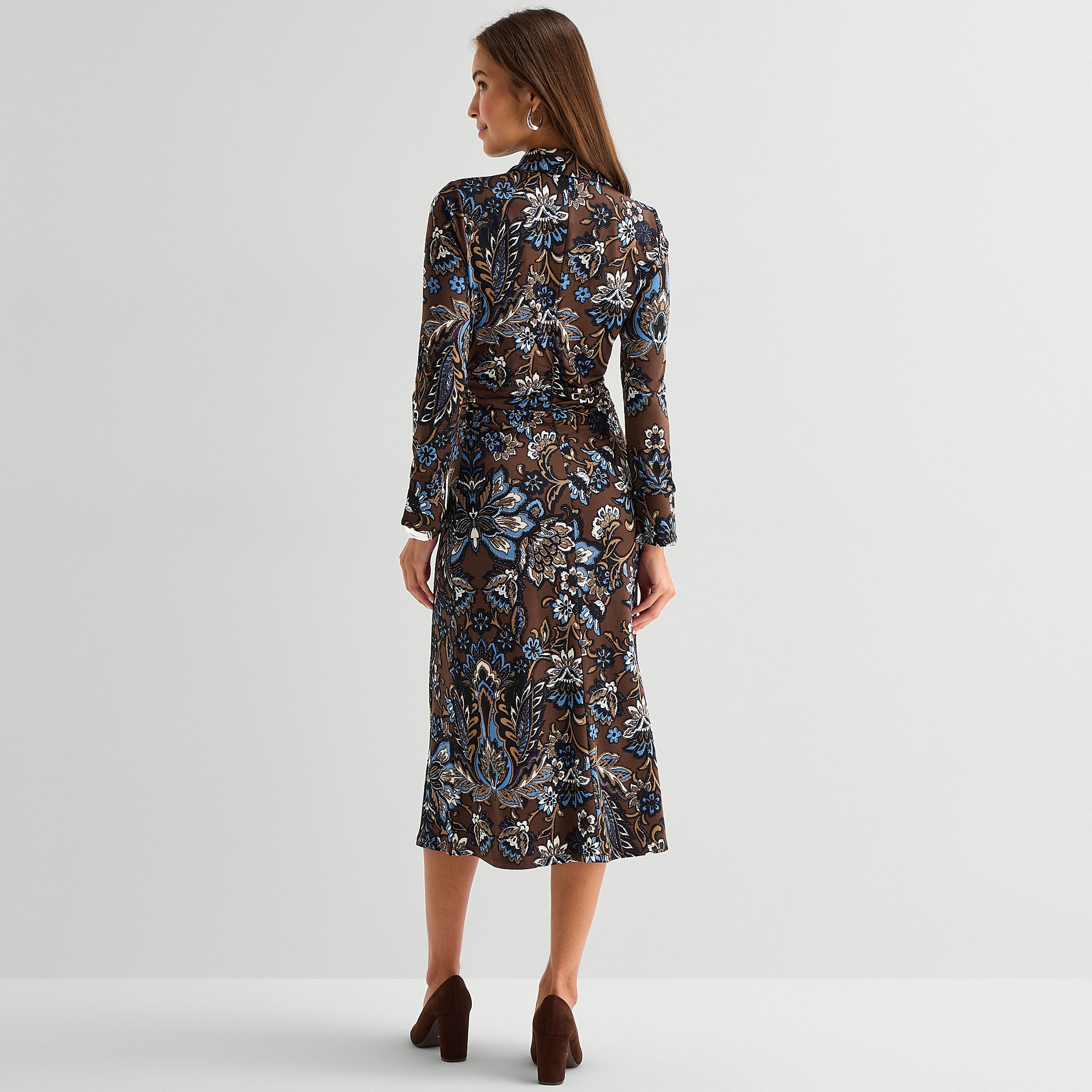 Maia Womens Midi V Neck Long Sleeve Floral Shift Dress