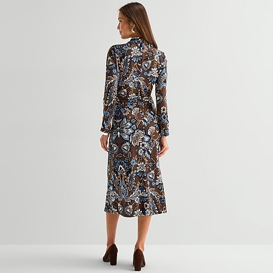 Maia Womens Midi Long Sleeve Floral Shift Dress