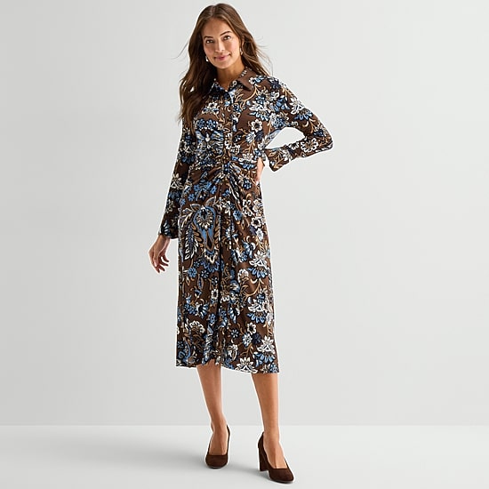 Maia Womens Midi Long Sleeve Floral Shift Dress