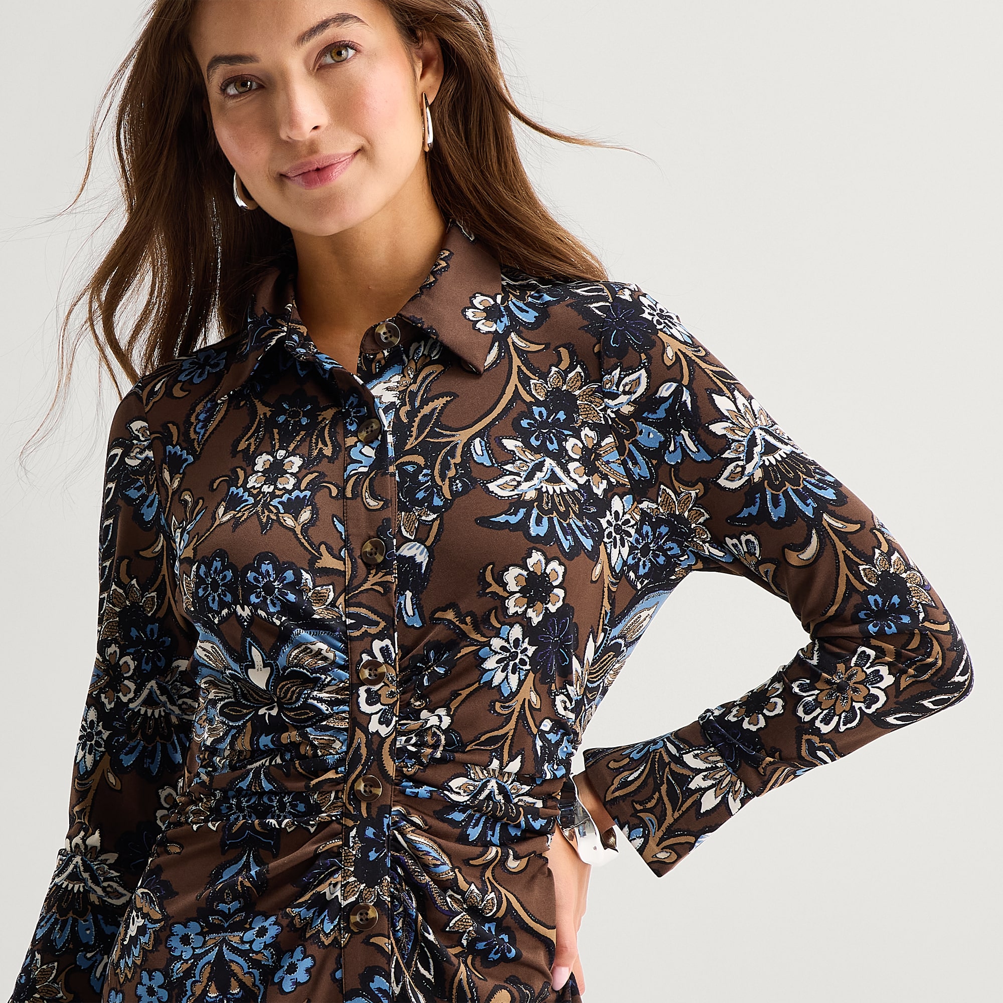 Maia Womens Midi V Neck Long Sleeve Floral Shift Dress