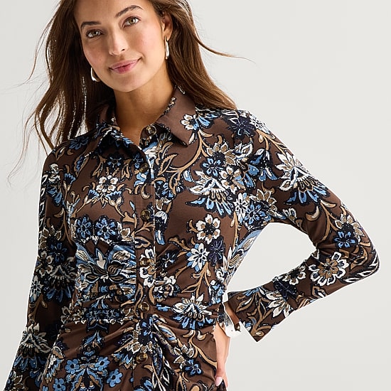 Maia Womens Midi Long Sleeve Floral Shift Dress