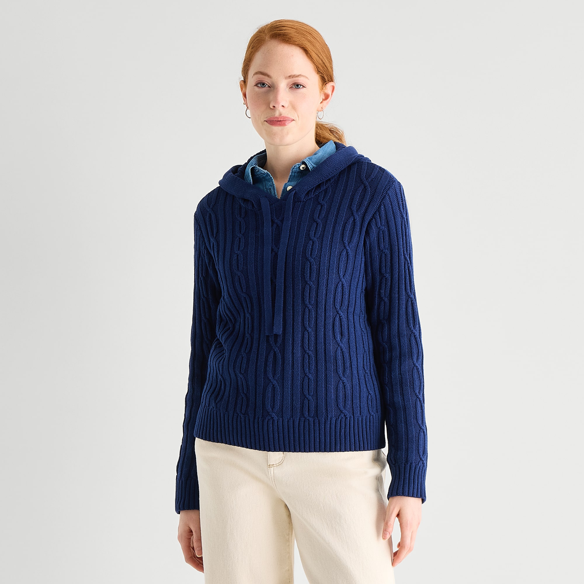 St. John's Bay Womens Hooded Long Sleeve Cable Knit Pullover Sweater