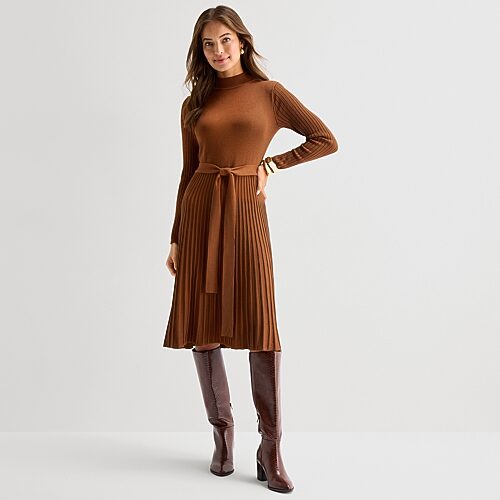 Studio 1 Womens Petite Long Sleeve Midi Sweater Dress In Brown