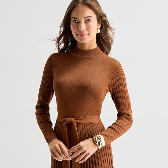 Studio 1 Womens Petite Long Sleeve Midi Sweater Dress