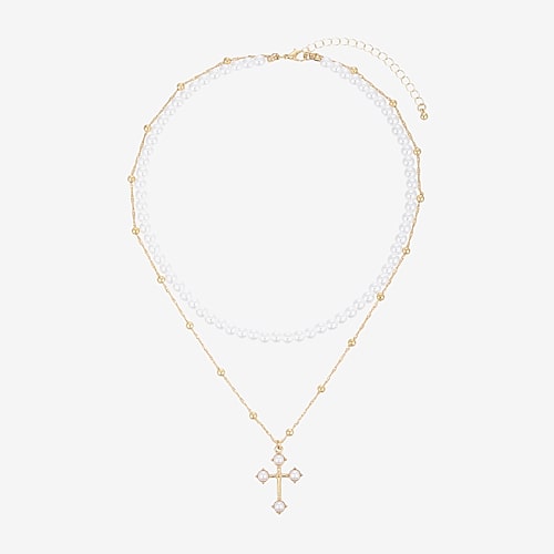 Forever 21 Forever21 Womens White 6mm Cross 2-pc. Necklace Set In Yellow