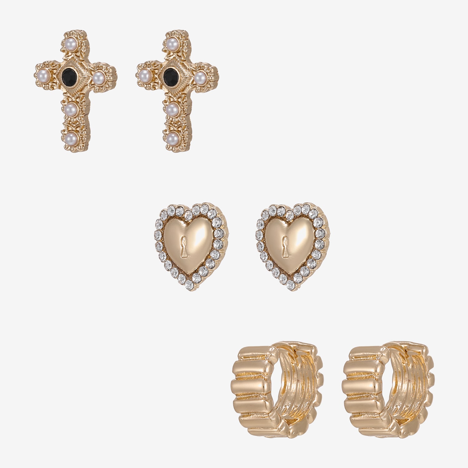 Forever 21 Forever21 Womens Simulated Simulated Pearl Cross Heart 3-pc. Earring Set