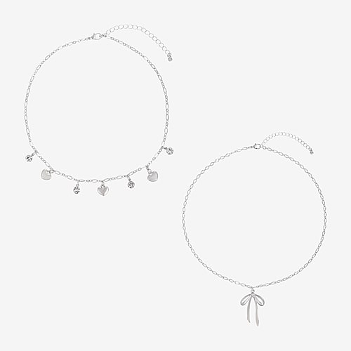 Forever 21 Forever21 Womens Glass Bow Heart 2-pc. Necklace Set In Silver