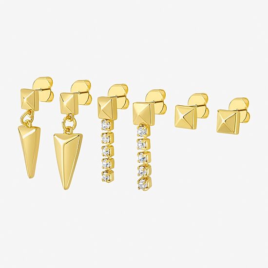 RM Rebecca Minkoff Womens Cubic Zirconia 14K Gold Over Brass 3 Pair Earring Set