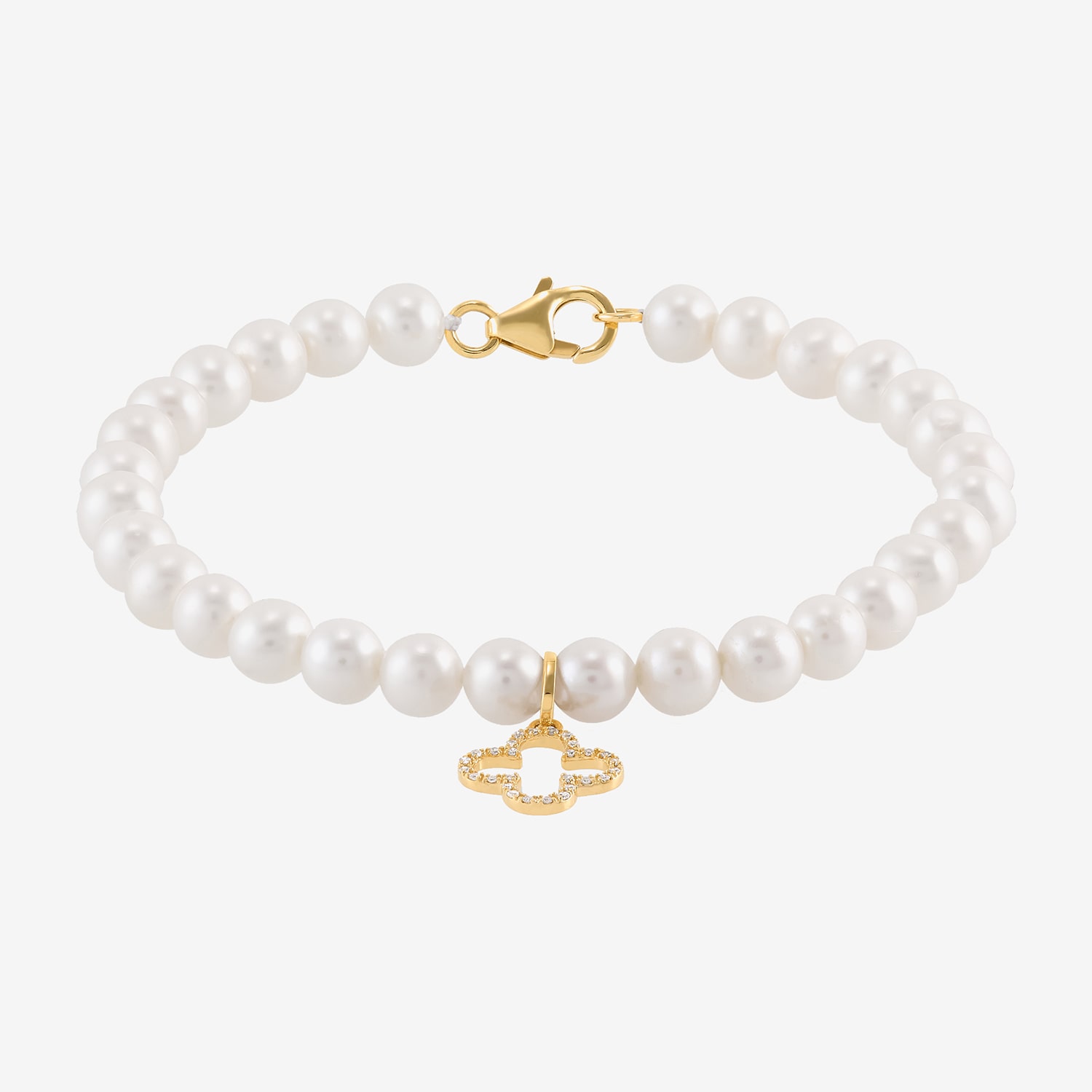 Womens Diamond Accent White Cultured Freshwater Pearl 14K Gold Clover Strand Bracelet