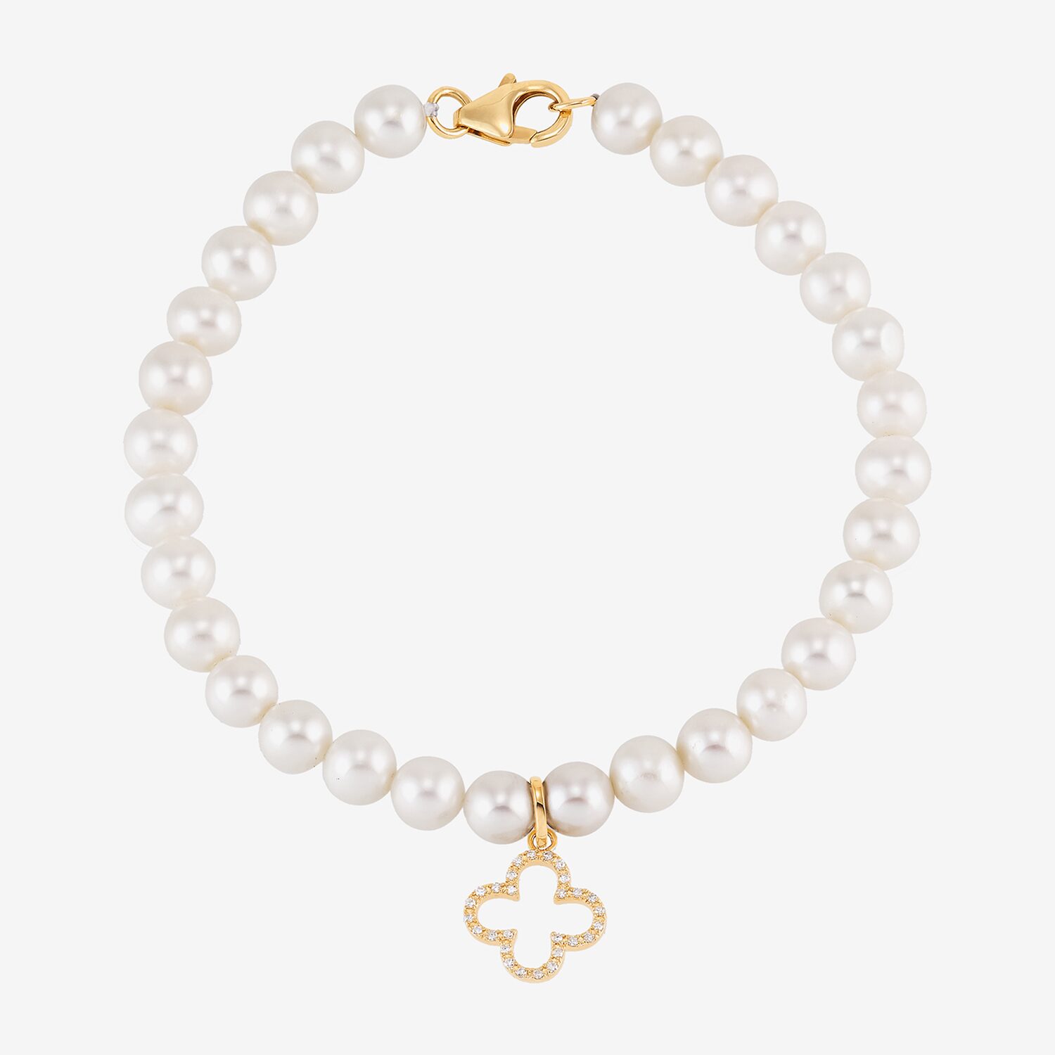 Womens Diamond Accent White Cultured Freshwater Pearl 14K Gold Clover Strand Bracelet