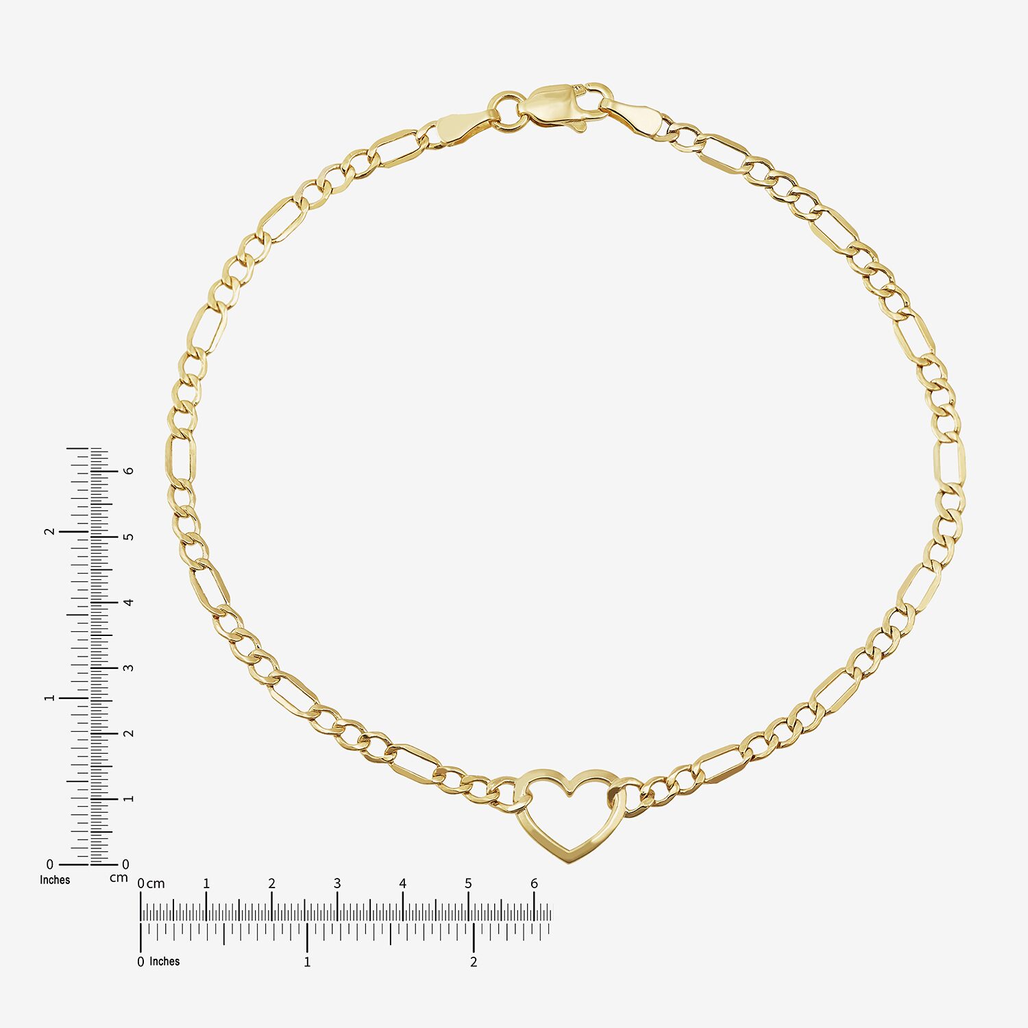 Womens 10K Gold 7.5 Inch Hollow Figaro Heart Chain Bracelet