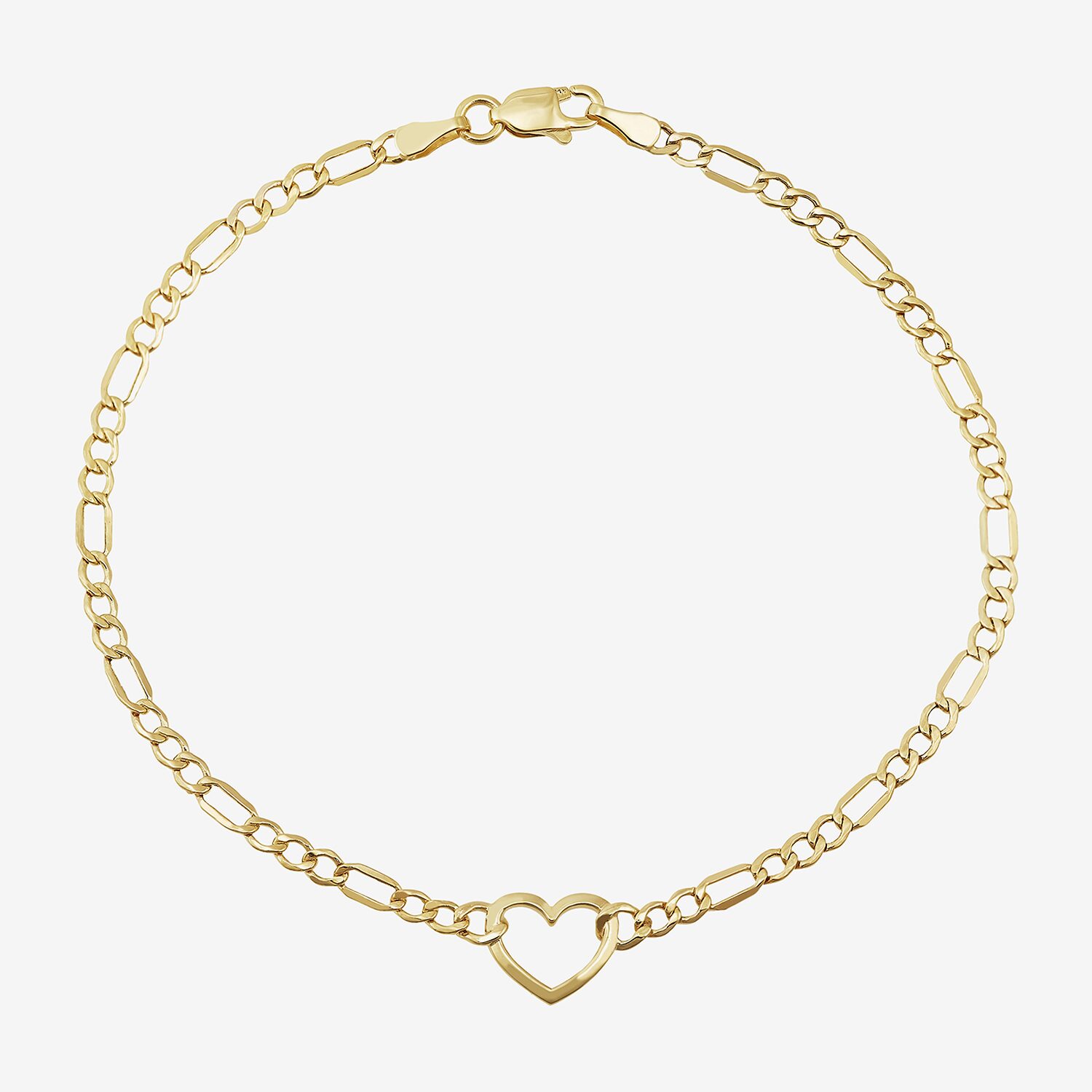 Womens 10K Gold 7.5 Inch Hollow Figaro Heart Chain Bracelet