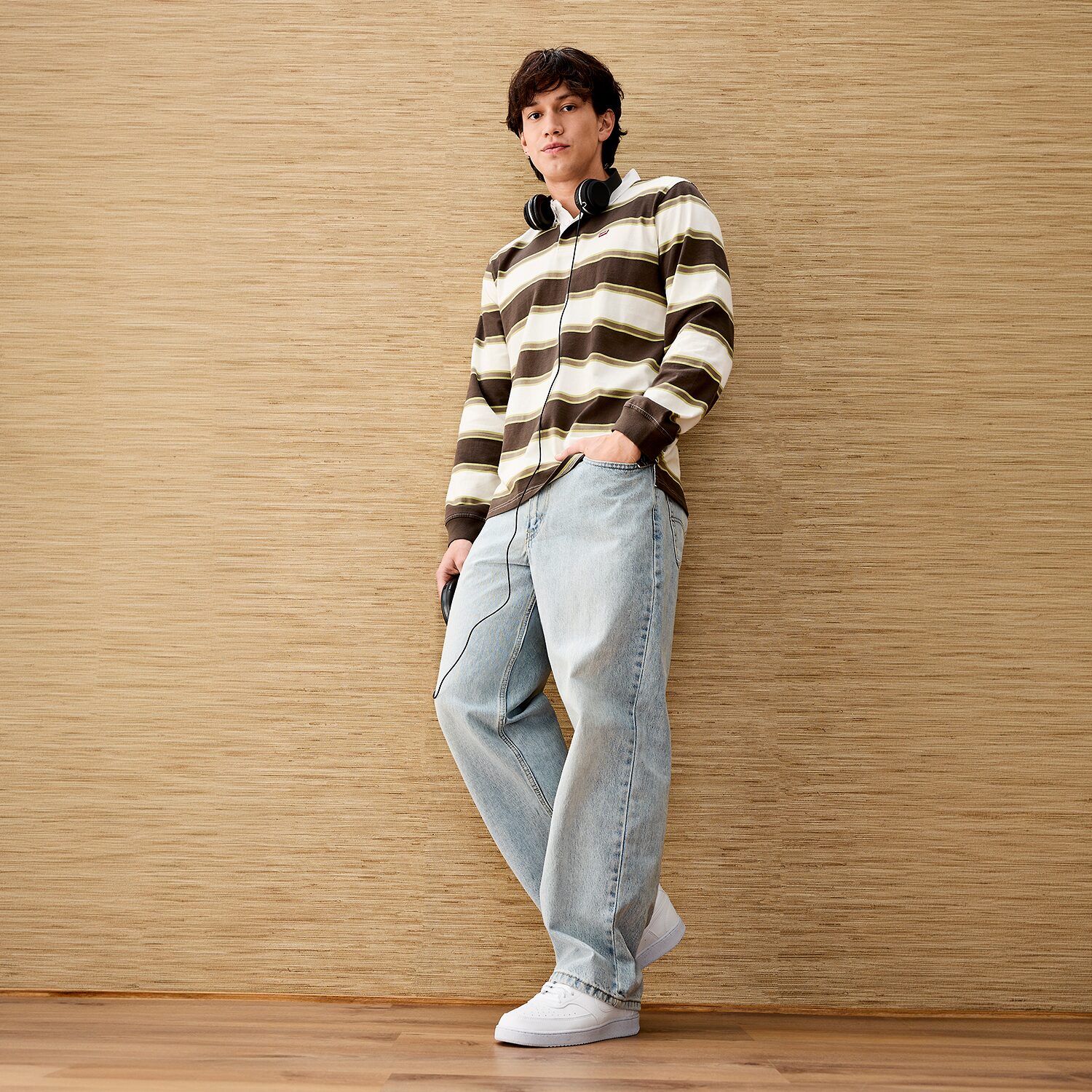 Levi's® Mens Asymmetrical Neck Long Sleeve Regular Fit Point Collar Striped Rugby Shirt